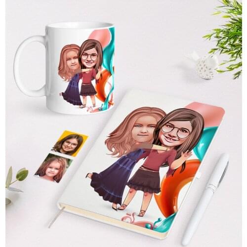 Personalized Sisters Caricature Of White Notebook pen And Mug Gift Seti-6