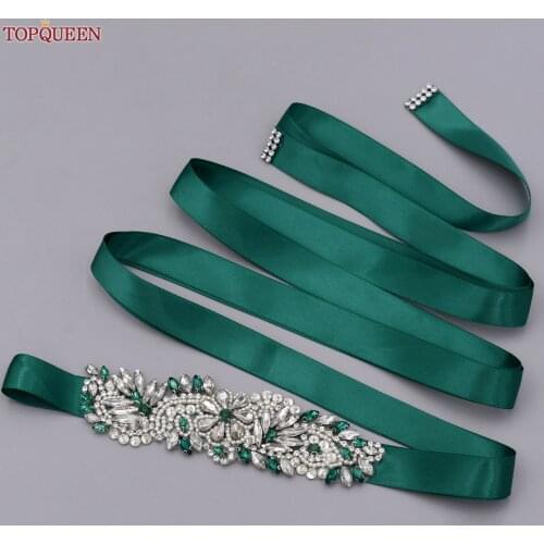 TOPQUEEN S419-G Floral Wedding Belts Emerald Green Womens Belt for Party Bridal Bridesmaid Flower Rhinestones Sash for Dress