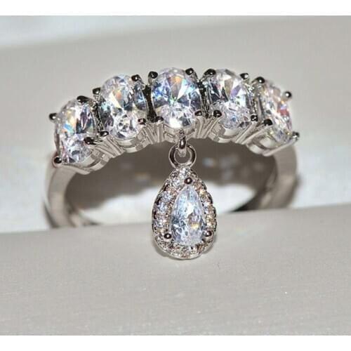 Luxury Water Drop Crystal Rings For Women Silver Color Cubic Zircon Rhinestones Designer Jewelry Wedding Promise Ring New