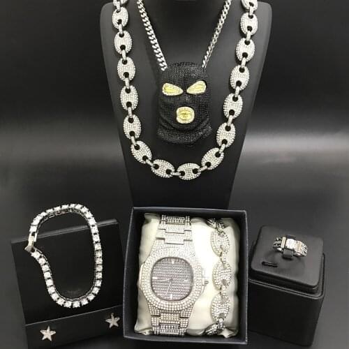 Luxury Men Silver Color Watch Hip Hop Men Cross Necklace Men Watch+ Necklace+ Braclete+ Ring+Earrings Combo Set Hip Hop For Men