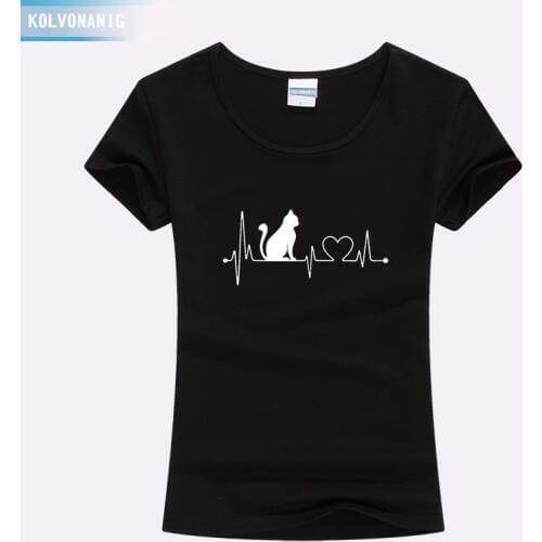 Funny Pet Cat Heartbeat Lifeline Print T-Shirt Summer Hot Sale Cotton Women Slim Short Sleeve O-Neck Kawaii T Shirts Cool Tees