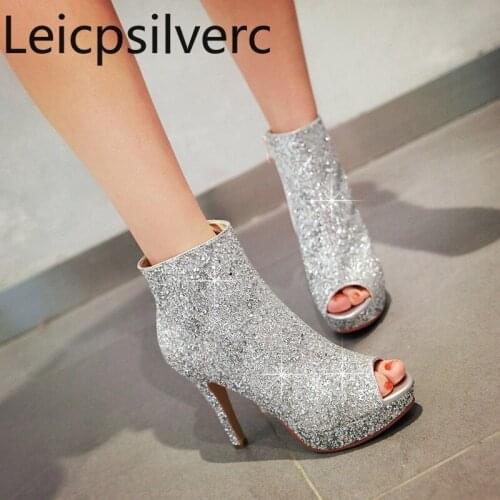 Womens Boots summer The New Fish mouth Open toe zipper Sequin Fine heel High heel Short tube Womens shoes plus size 32-43