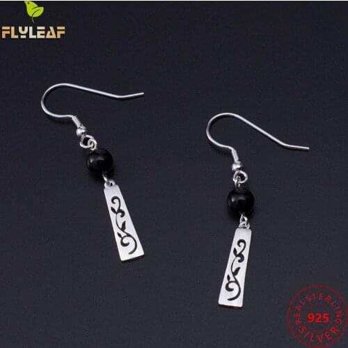 Flyleaf Natural Black Agate Hollow Vine Charm Earrings For Women Handmade 925 Sterling Silver Chinese Style Vintage Jewelry