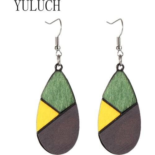 YULUCH Ladies Water Drop Alloy Pendant Earrings Woman Wooden Multicolor Art Elegant Jewelry Ladies Natural Wood Earrings
