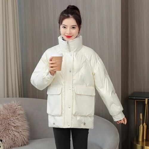 Beardon Women Winter Short Glossy Embroidery Parkas Jacket Thick Stand Collar Cotton Loose Casual Jacket 2021 New