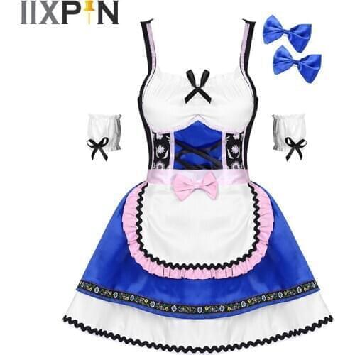 Women Carnival Oktoberfest Dirndl Costume Beer Waitress Bar Maid Outfit Cosplay Halloween Party Dress With Apron Sleeves Bowknot