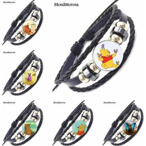 For Women Wedding Bear Butterfly Vintage Jewelry Glass Cabochon Yoga Black Leather Bracelet Bangle Jewelry