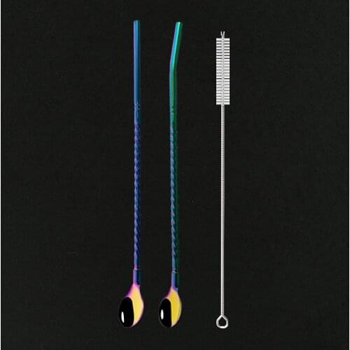2Pcs Long Twisted Straw Spoon Portable Gold Tea Scoop Reusable Colored Stainless Steel Straws Black Dinnerware Set For Bar Party