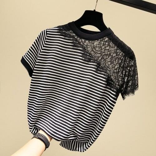 2021 Summer Fashion Stripe T-Shirts Women O-Neck Knitted Tee Shirt Femme Short Sleeve Tops Slim Sexy Hollow Out Black Tshirt