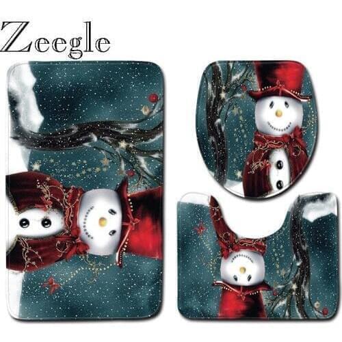 Zeegle Christmas 3pcs Bath Mat Set Soft Bathroom Rug Anti-slip Shower Mat Toilet Cover Seat Mat Absorbent Toilet Pedestal Rug