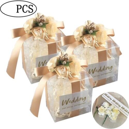 50pcs PVC Candy Box Birthday Party Event baby shower Decor Wedding Favor Party Supply bridesmaid Gift Bag Box with Ribbon Flower