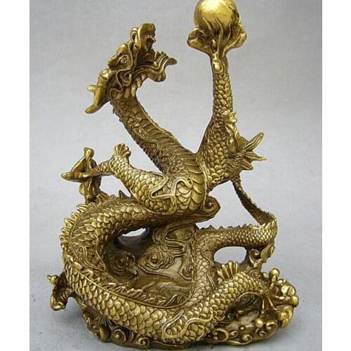 7"Chinese Royal Brass Fengshui Lucky Fly Dragon Play Bead success animal Statue