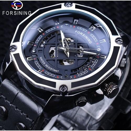 Forsining 2019 Military Sport Black Genuine Leather Belt Mens Automatic Skeleton Wristwatches Top Brand Luxury Luminous Hands
