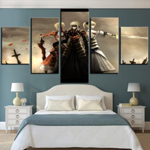 Anime Fate/Stay Night Canvas Painting 5 Pieces Cartoon Poster Framed Wall Canvas Art Custom Home Decor Cool Warriors Pic