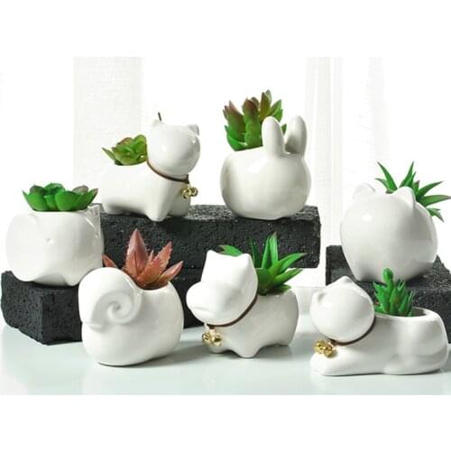 Ceramic Flower Pot White Animals Dog Cat Maceteros Green Succulent Planter Flowerpot Home Office Desktop Decor Bonsai