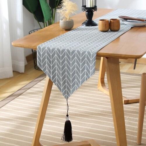 Chinese Kung Fu Tea Table Runner Solid Color Grey Plaid Fringed Edge Cotton And Linen Cloth Art Long Decorative Table Runner
