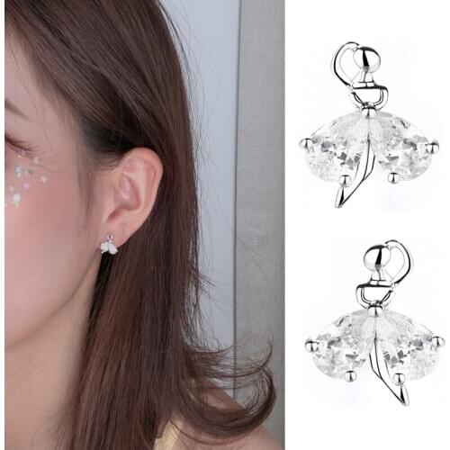 Creative Design Women Stud Earrings with Zircon Fashion Sweet Ballet Girl Earrings Female Silver Color Newest Christmas Jewelry