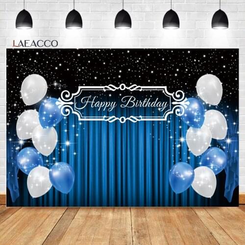 Laeacco Blue Curtain Dreamy Sparkling Star Balloon Baby Birthday Party Portrait Customized Photography Backdrop Photo Background