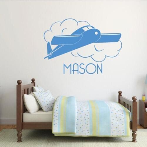 Makeyes Airplane Cute Wall Stickers Custom Names Baby Bedroom Decor Wall Decal Vinyl Kids Room Personalized Boy Names Decor Q237