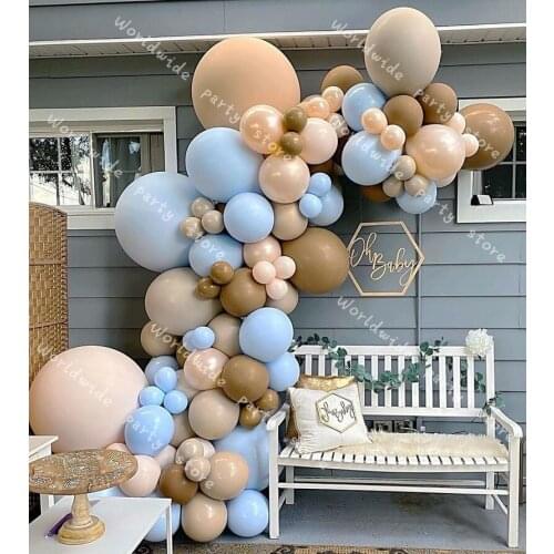 Teddy Bear Baby Shower Balloon Garland Arch Kit Macaron Blue and Coffee Latex Balloon for Oh Baby Shower Boys 1st Birthday Decor