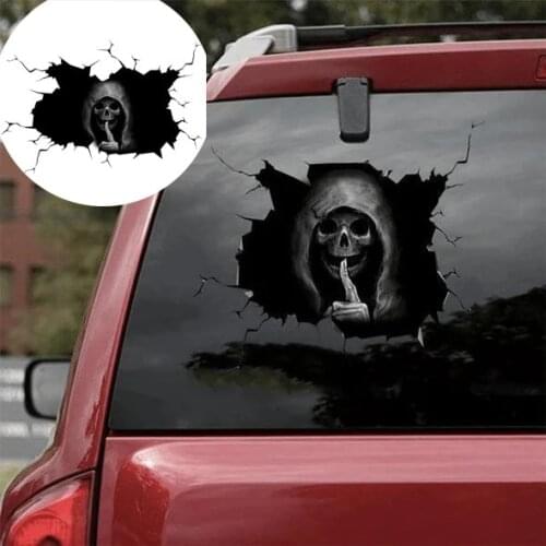 Halloween Evil Skull Sticker Broken Glass Window Effect Keep Silent Gesture Black Grim Reaper Sticker Car Window Decal