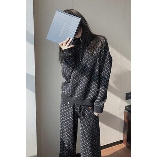 2021 New Wool Plaid Pullover Turtleneck Wool Spring Autumn Knitted Suit Jacquard Sweater And Wide Legs Pants 2 Piece Set