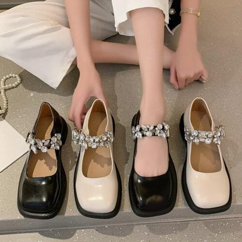 New Patent Leather Ankle Strap Crystal Platform Chunky High Heel Square Toe Single Buckle Lolita Shoes Black Beige Autumn 2021