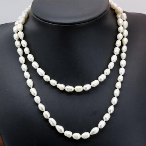 New fashion 9-10mm natural white freshwater pearl barrel rice long chain necklace for women new fashion jewelry 36inch B2918