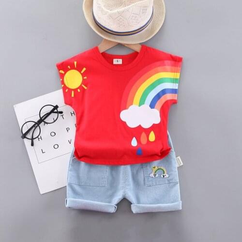 Rainbow Summer Outfits Toddler Kids Baby Boys Girls Cartoon T-shirt Top Shorts Sets 2021 Summer Children Clothing Outfit Set