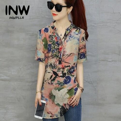 Plus Size Tops Womens Vintage Floral Print Blouses Mujer Short Sleeve Shirts Casual Cotton Linen Blusas Long Chemise Femme