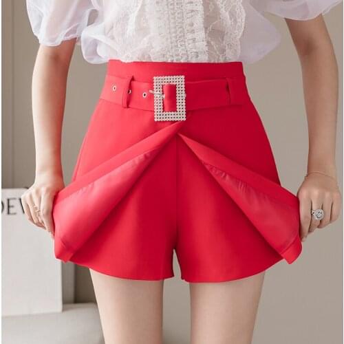 Fashion ladies skirts shorts diamonds belt high waist shorts women irregular slit chic elegant short pants women short mujer
