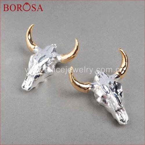 BOROSA buffalo Head Gold Silver Color Bull Cattle Bead Longhorn Resin Horn Cattle Pendant for Jewelry Accessories G0844