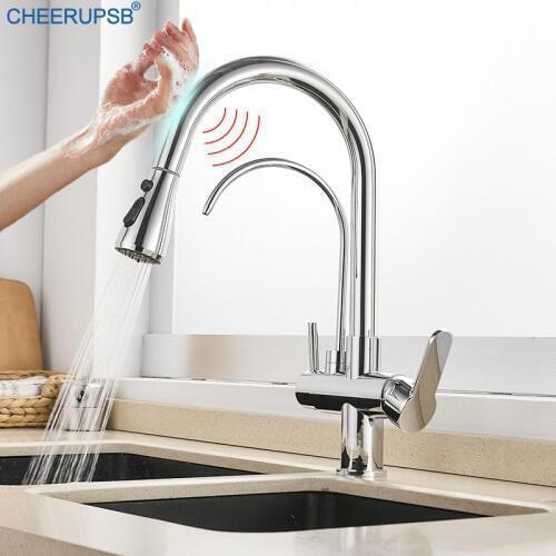 Kitchen Sink Touch Sensor Faucet Pull Out Dual Handle Filtered Tap Deck Mount Smart Inductive Touch Crane Hot Cold Mixer Faucet