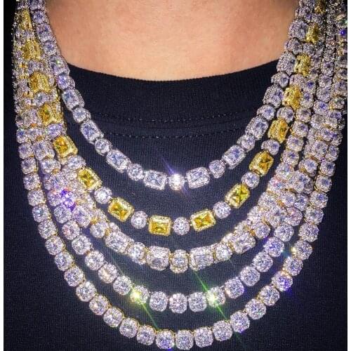 Iced out bling cz cluster necklace for women men clear yellow two tone round rectangle geometric cz tennis chain Hiphop jewelry