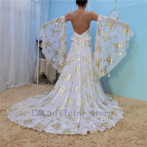 UMK Bohemian Wedding Dress Unique Golden Printed Boho Beach Bridal Gowns Flowy Chiffon Tassel Flared Sleeves Vintage