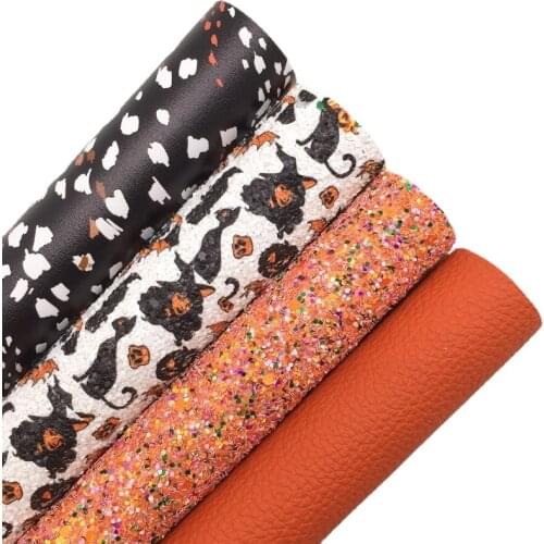Witches Cats Printed Glitter Leather Leopard Printed Synthetic Fabric Orange Glitter Faux Leather Litchi Solid Leather 6S70B