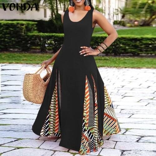 VONDA 2021 Women Summer Sleeveless Maxi Dress Ladies Vintage Patchwork Printed Tank Dresses Bohemian Vestidos Retro Sundress