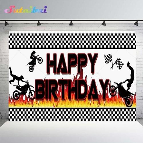 Motocross Birthday Party Backdrop Boys Dirt Bike Motorcycle Racing Happy Birthday Flag Banner Decorations Photography Background