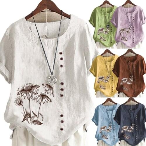Womens New Fashion Linen Shirt Round Neck Short Sleeve Flowers Printed T-shirt Summer Ladies Casual Plus Size Blouse Tops