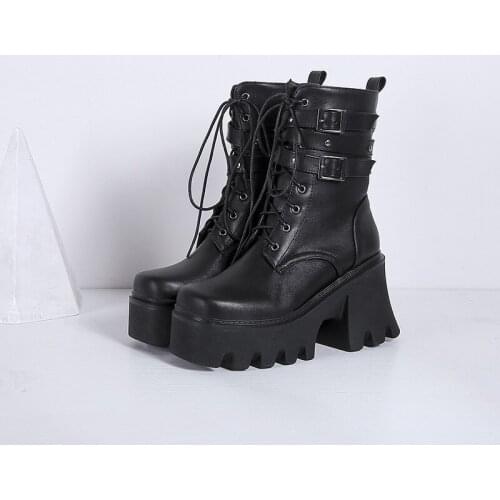 YMECHIC 2021 Black Platform Combat Ankle Boots for Women Lace Up Buckle Strap Woman Shoes Autumn Winter Biker Bota Free Shipping