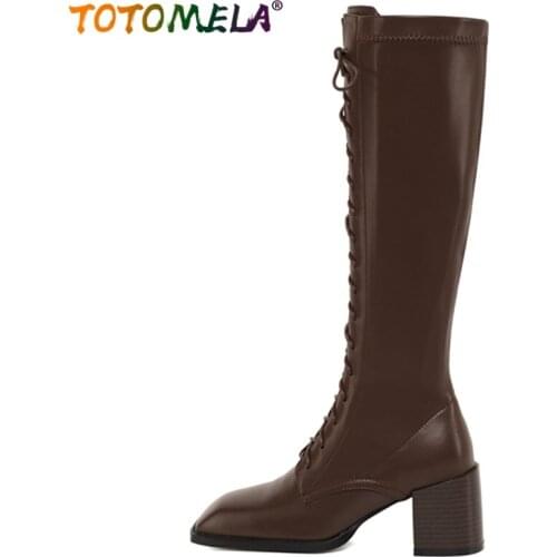 TOTOMELA New Arrive Hand Made Knee High Boots Fashion Ladies Shoes Popular Zipper Cross Tied Cow Leather Women Winter Boots