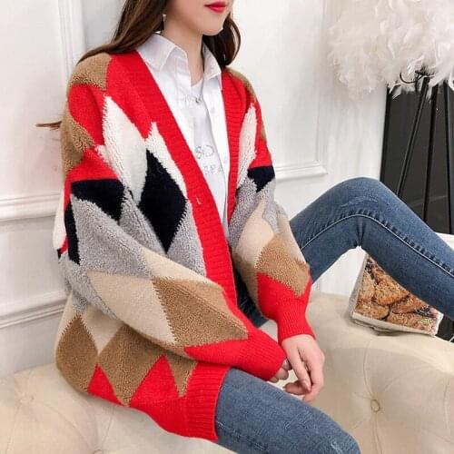 Mid-length Cardigan Fashion V-neck Prismatic Knit Cardigan Womens Loose Bat Sleeve Cardigan Jacket Wm