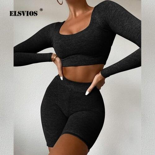 Women Fashion Sexy Navel Two Piece Set Summer Solid Color Shorts Bodycon Long Sleeve 2 Piece Set 2021 New Sports Yoga Pants Suit