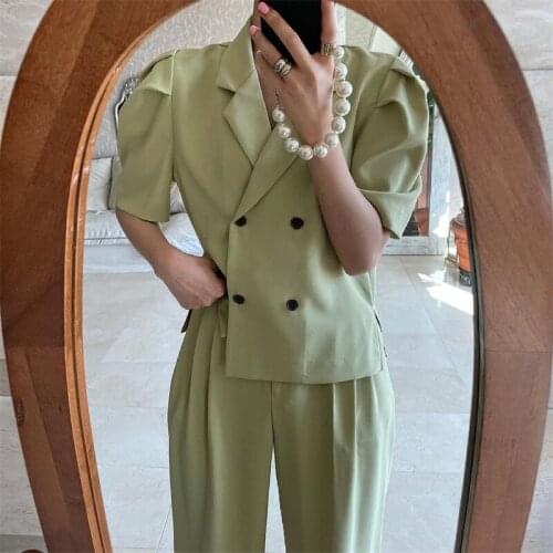 Vintage Pants Sets Loose 2 Two Piece Set Women Puff Sleeve Shirt and High Waist Long Suit Pants Casual Ensemble Femme Summer