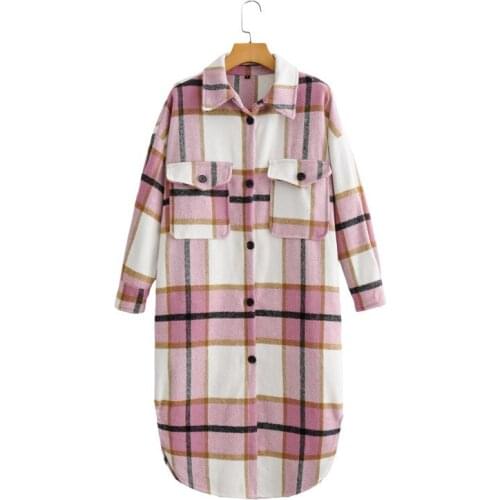 High Quality Spring Autumn Womens Casual Plaid Pocket Loose Long Woolen Coat