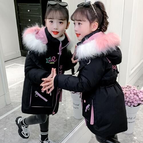 Winter new girls cotton padded clothes for children with Down thickening medium and long letter printed color wool collar down