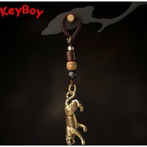 Brass Zodiac Tiger Animal Keychain Lanyard Pendants Copper Forest King Car Keyrings Handmade Woven Rope Crafts Backpack Hangings