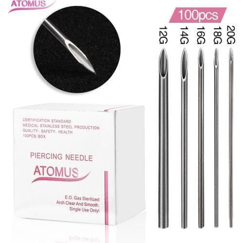 ATOMUS 100pcs Sterilized Bag Puncture Needle Mix 12G 14G 16G 18G 20G 20 Each Aguja Piercing Aiguilles Piercings Aiguille