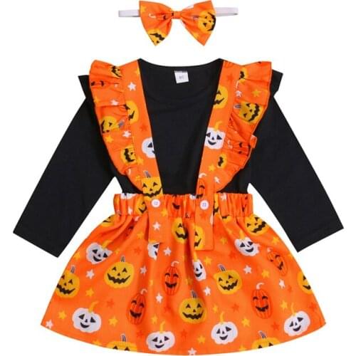 Pudcoco 0-18M 3Pcs Halloween Day Baby Girls Boys Cartoon Pumpkin Long Sleeve Ruffle Bodysuit Top+Skirt+Headwear Festival Costume