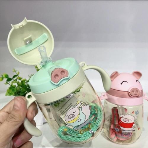 Infant Childrens Cute Piglet Deer Bite Anti-choke Learning Drinking Cup Child Handle Straw Cup Strap Dual Purpose Water Bottle